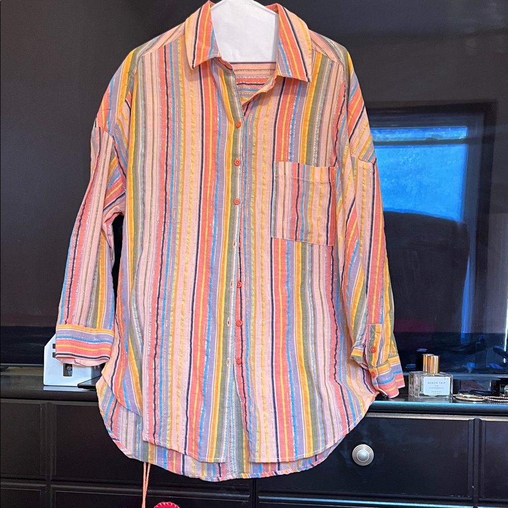 Anthropologie Multicolor Striped Blouse NWOT. Dress Up or Down   L/XL